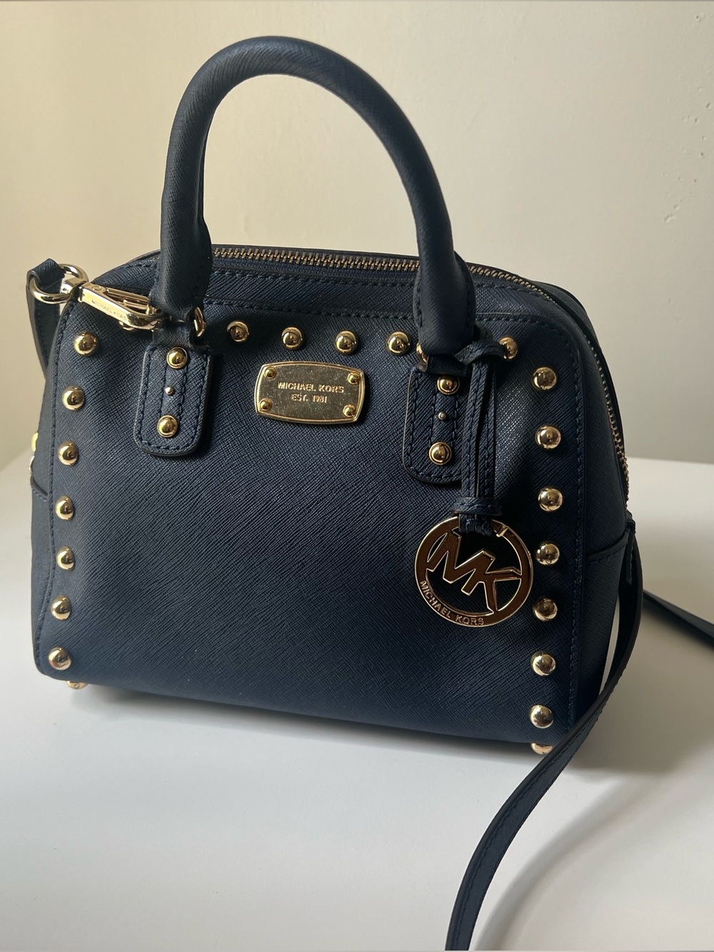 Michael Kors Navy Saffiano Leather Studded Mini Satchel with Gold Hardware